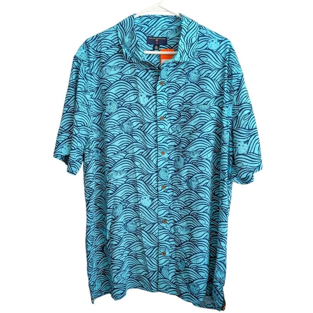 Margaritaville Mens Button Down Blue Ocean Wave Shirt Pufferfish XL New Tags